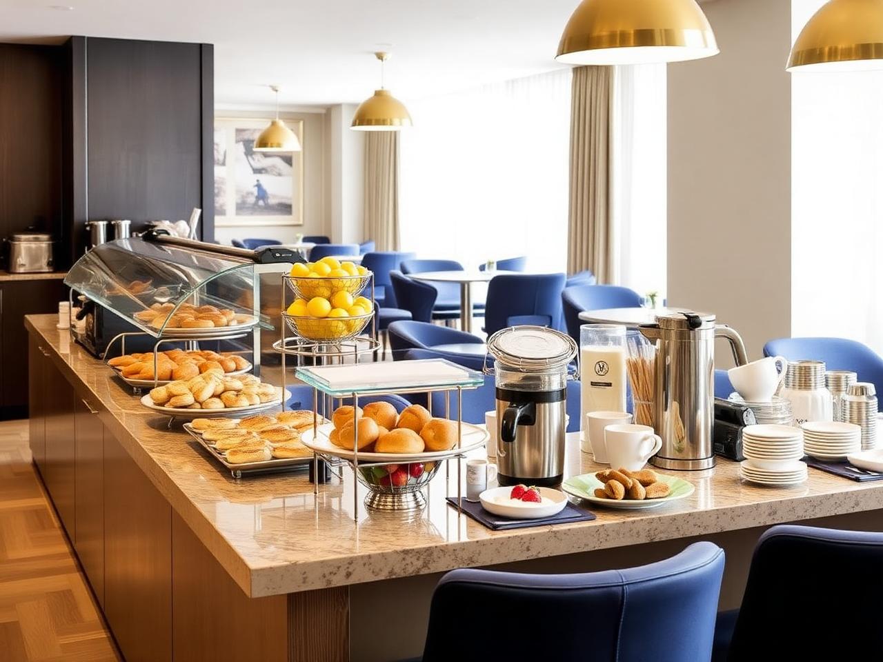 Complimentary hot breakfast buffet with pastries, fruit and coffee