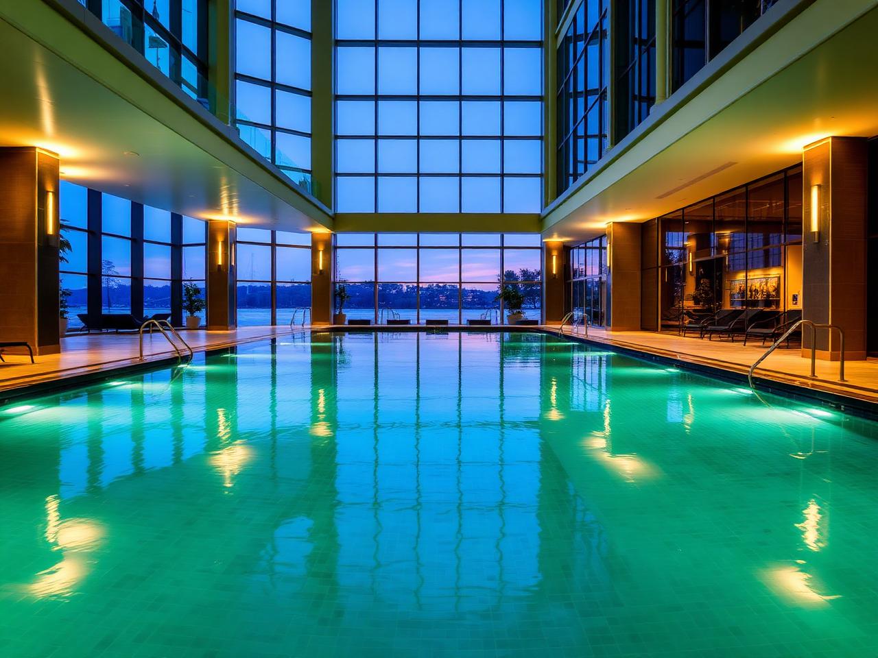Heated indoor hotel pool with glass walls at evening